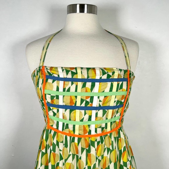 FREE PEOPLE Smocked Halter Dress Size 4 Yellow Lemon Pattern Sleeveless *Read - Picture 3 of 11